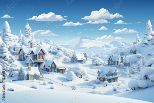 Nordic Inspired Townhouse Village Aerial Shot, on an isolated Icy Blue background, Generative AI