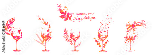 Colorful wine designs - Collection of wine glasses. Sketch vector illustration. Elements for invitation cards, advertising banners and menus. Wine glasses with plants, grasses and splashing wine.