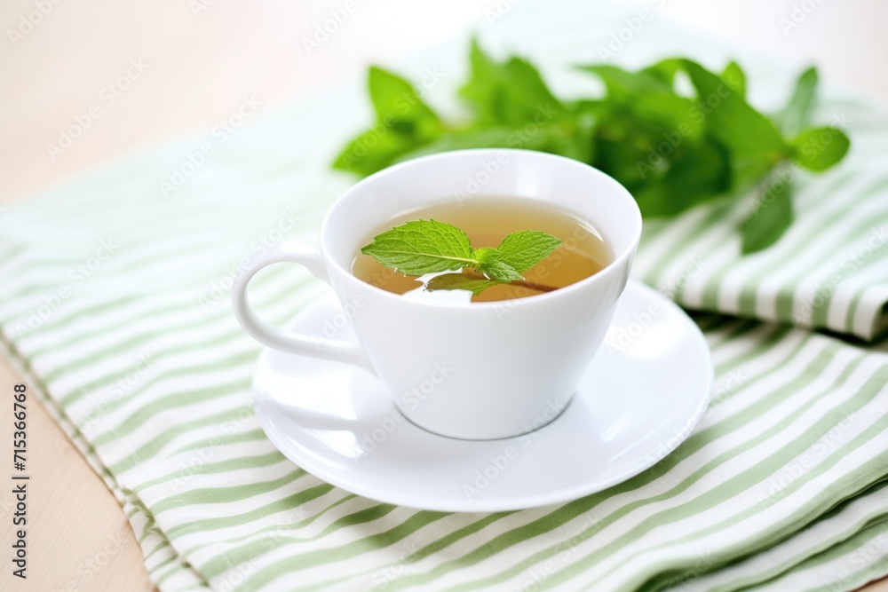 peppermint tea in cup with fresh mint bundle, white cloth peppermint tea in cup with fresh mint bundle, white cloth