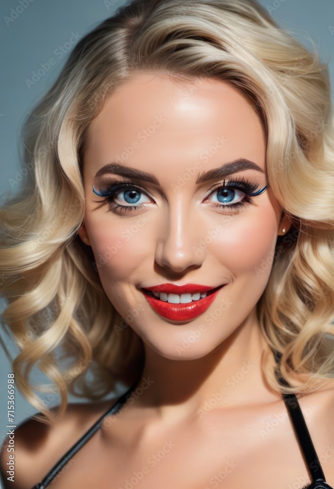 A beautiful blonde in a black leather top with red lipstick and blue eyes. A beautiful blonde in a black leather top with red lipstick and blue eyes.