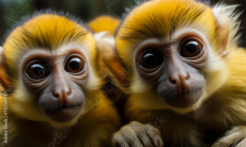 Curious Group of Squirrel Monkeys Gazing Intently, Vivid Yellow Fur, Expressive Faces, Close-up Portrait © Bartek