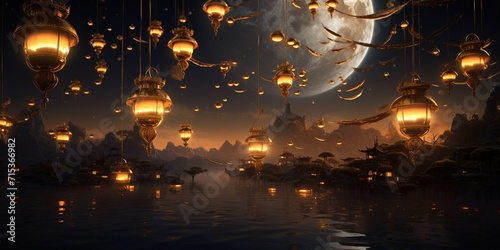 Golden Lanterns Basking in the Glow of a Crescent Moonlight in 32k resolution © Muhammad