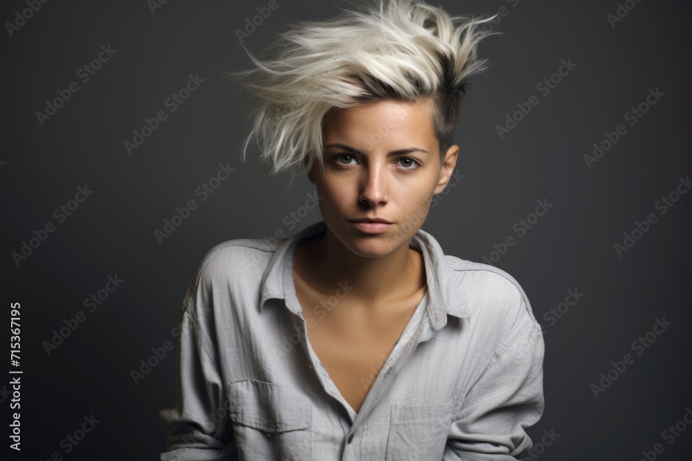Portrait of a beautiful young woman with blond hair on grey background Portrait of a beautiful young woman with blond hair on grey background