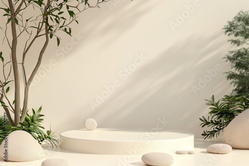 Abstract white 3D room with realistic white cylinder pedestal podium set and palm leaf shadow overlay. Minimal scene for product display presentation. Vector geometric platform. Stage for showcase