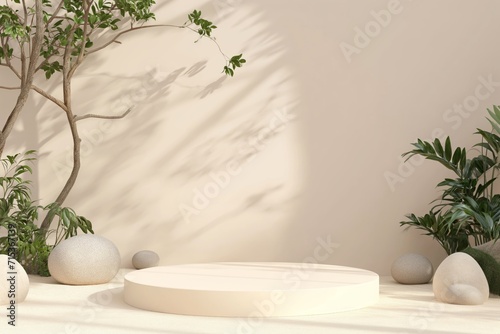 Abstract white 3D room with realistic white cylinder pedestal podium set and palm leaf shadow overlay. Minimal scene for product display presentation. Vector geometric platform. Stage for showcase