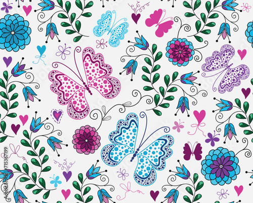 Vector seamless colorful floral valentines pattern with hearts and butterflies in doodle style on a white background