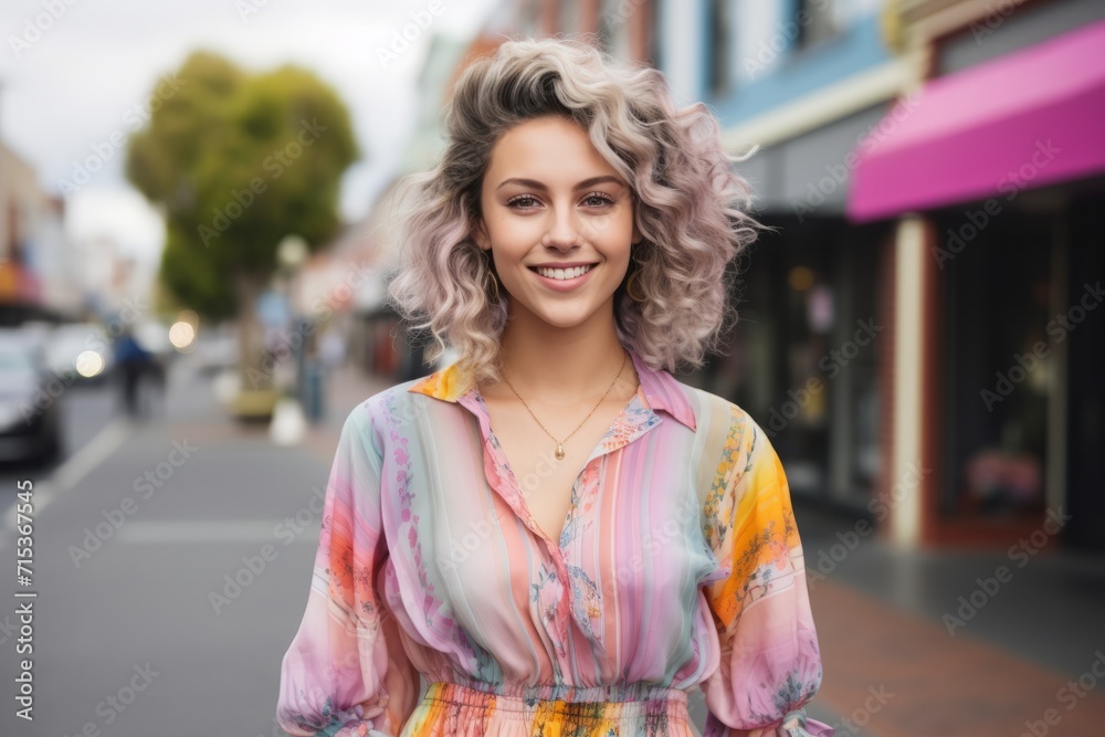 Portrait of a beautiful young woman with curly blonde hair on the street