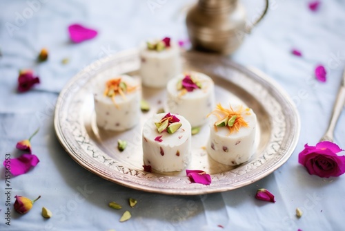 handmade kulfi in molds with rose petals decoration