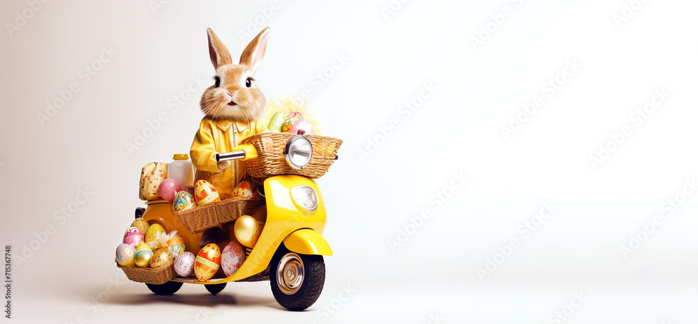 An Easter bunny in a yellow jacket rides a yellow electric motorcycle with baskets of Easter eggs on a white background. Banner. Copy space