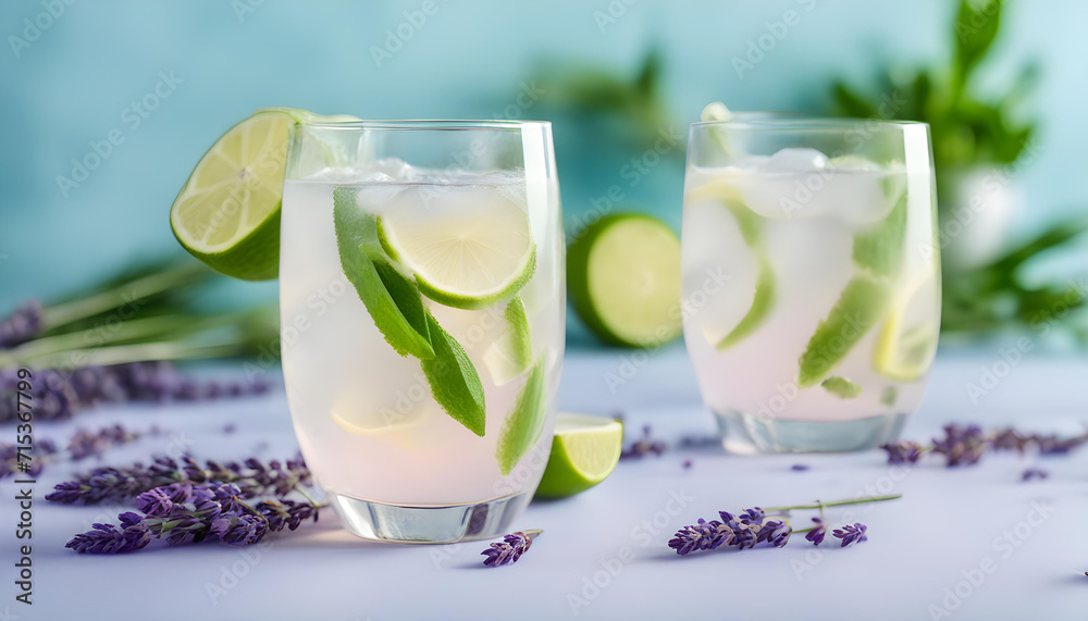 lavender lemonade with lime slices and lavender flower on the table pastel light blue background lavender lemonade with lime slices and lavender flower on the table pastel light blue background