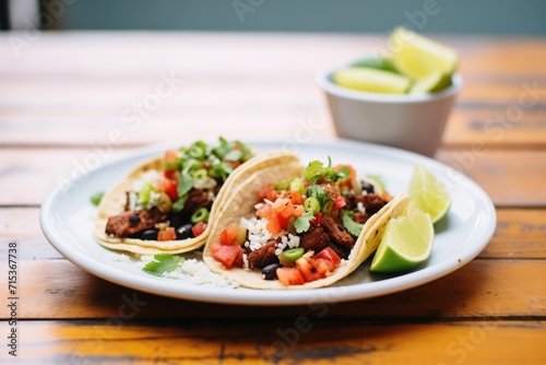 chorizo tacos with a side of black beans and rice