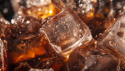Coca-Cola ice cubes close-up. Soda with air bubbles