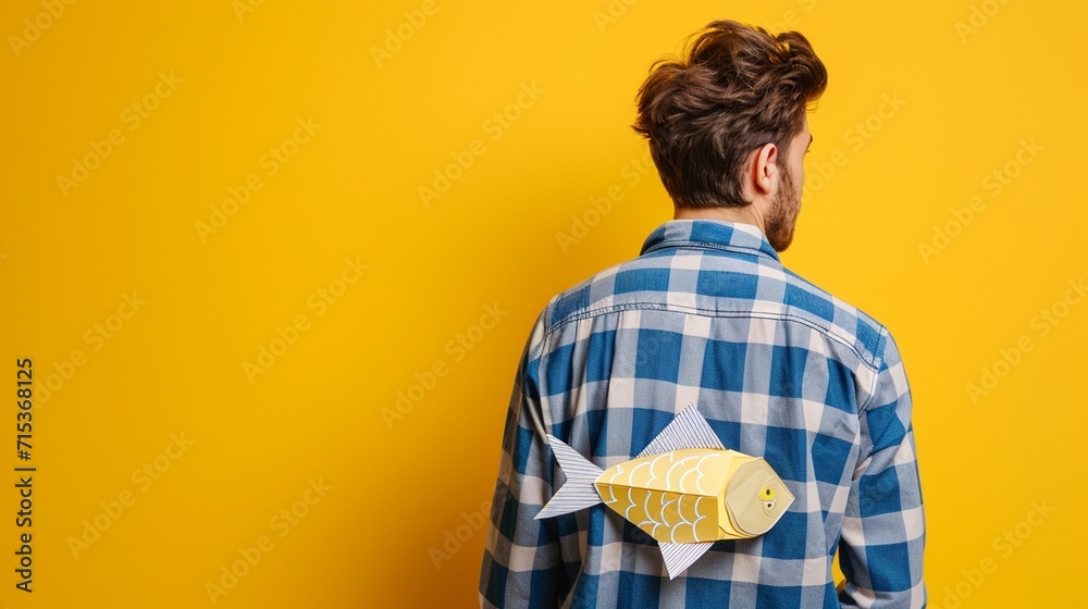 Man with paper fish on back against yellow background. April fool's day - obrazy, fototapety, plakaty 