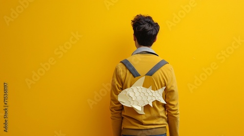 Man with paper fish on back against yellow background. April fool's day