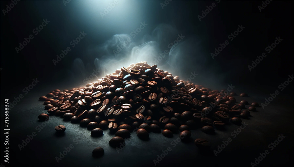 Cinematic portrayal of a handful of coffee beans set against a dark, atmospheric background - obrazy, fototapety, plakaty 