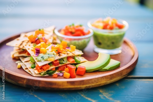 colorful chicken quesadilla slices with avocado and tomato salsa