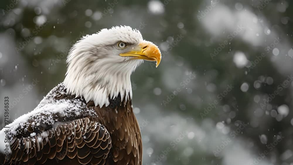 Closeup of a magnificent bald eagle its gaze piercing through the flurry of snowflakes as it stands proudly on its snowy perch Closeup of a magnificent bald eagle its gaze piercing through the flurry of snowflakes as it stands proudly on its snowy perch