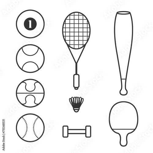 simple vector design icon set of sports equipment, ranging from ball, baseball bat, dumbbells, etc