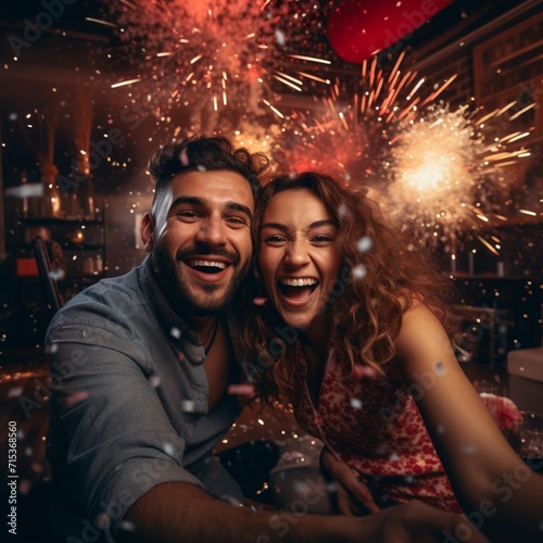 Medium shot couple celebrating new year high realistic 8k resolution