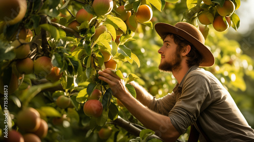 A vintage style photo of young handsome farmer with a hat quality check and inspect ripe apples, plucking apples from an apple tree with smiley face in a sunny day