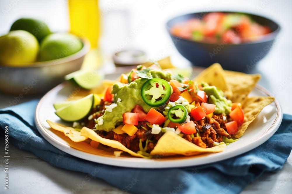 loaded nachos with guacamole and ground beef topping loaded nachos with guacamole and ground beef topping