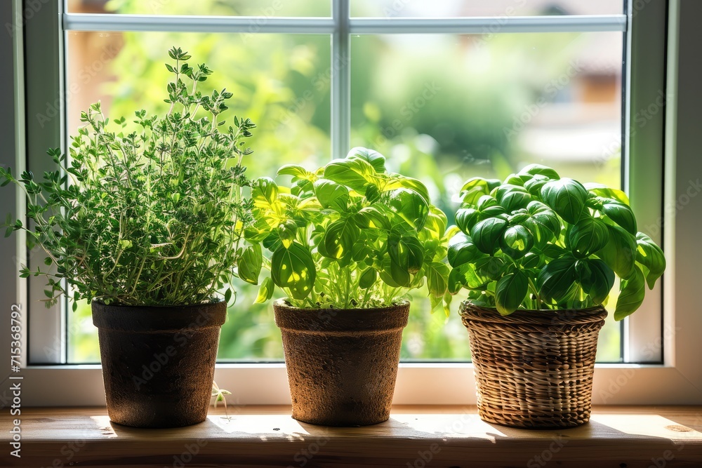 Fresh green herbs, basil, rosemary and coriander in pots placed on a window. Fresh green herbs, basil, rosemary and coriander in pots placed on a window.