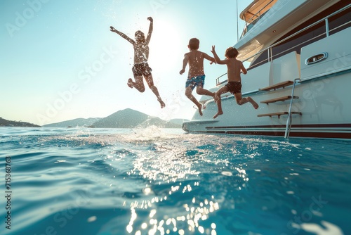 Father and sons jumping into water from swim deck of yacht.