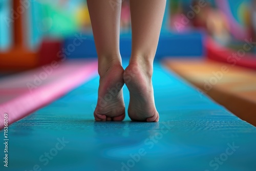 Feet Of Young Gymnast On Balance Beam. photo