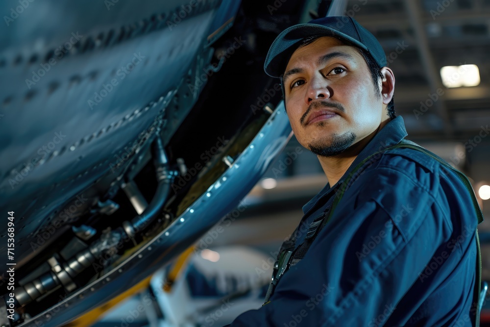 Handsome mid adult Hispanic male employee working under an aircraft. 
