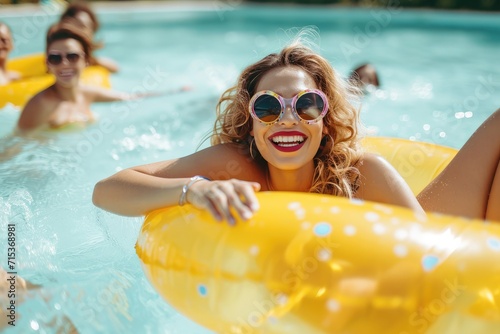 Happy young woman in yellow inflatable ring enjoying with female friends at swimming pool. © Straxer