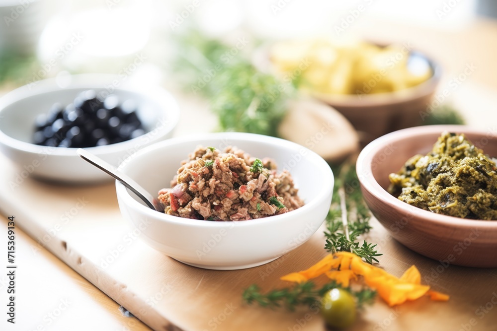 rustic olive tapenade in a clay dish with a wood spreader rustic olive tapenade in a clay dish with a wood spreader