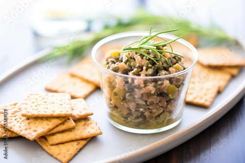 olive tapenade in a glass bowl with whole grain crackers