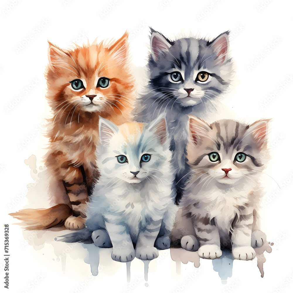 Colored, graphic portrait of four cute kittens on a white background in watercolor style.