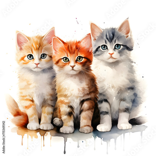 Colored, graphic portrait of three cute kittens on a white background in watercolor style.