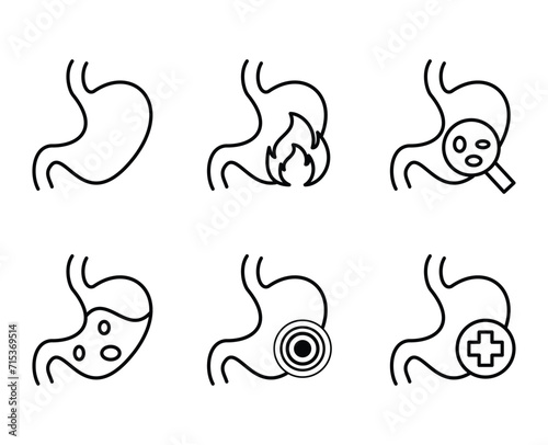 Stomach ache and pain in outline icons set
