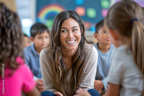 Smiling teacher aiming at her elementary students while wanting for answers to a question. 