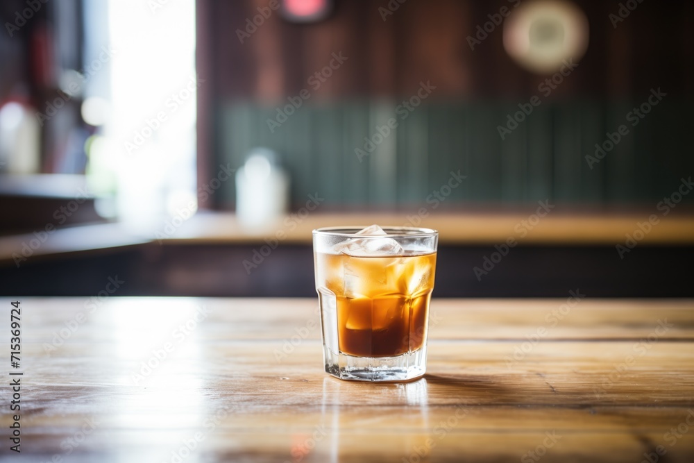glass of cold brew with ice, on wood table