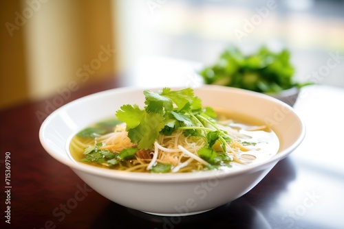 garnishing pho with a handful of vibrant cilantro leaves