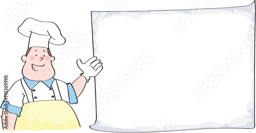 The cook is showing the menu of the day. Cook standing in front of blank ingredient list. Menu template.