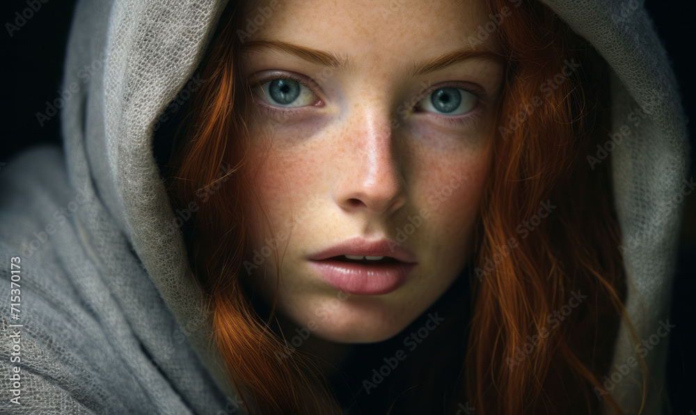 Mystical Portrait of a Redhead Woman with Freckles, Cloaked in a Grey Shawl, Gazing Intently Mystical Portrait of a Redhead Woman with Freckles, Cloaked in a Grey Shawl, Gazing Intently