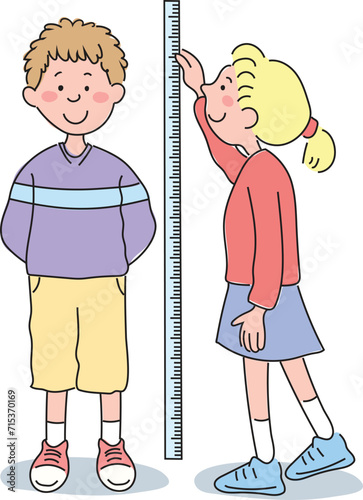 Boy and girl measuring height with big ruler.