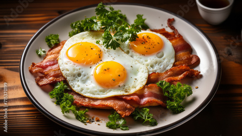 Classic Breakfast Plate with Sunny Side Up Eggs and Crispy Bacon, Garnished with Fresh Parsley