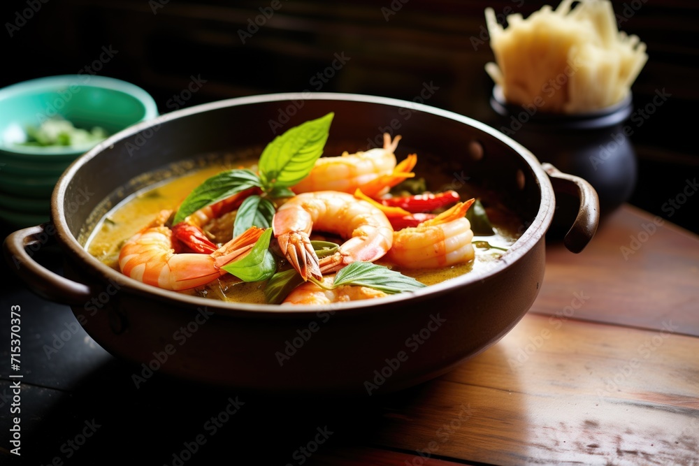prawn curry in a copper bowl with a side of pickles prawn curry in a copper bowl with a side of pickles