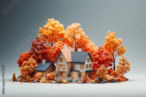 Townhouses in Autumn Aerial Landscape, on an isolated Maple Red background, Generative AI photo