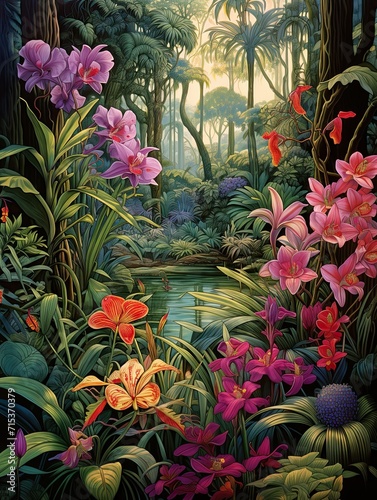 Awe-Inspiring Art Nouveau Floral Designs in Rainforest Landscape with Exquisite Jungle Flower Patterns