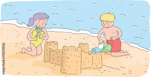 Illustration of kids making sand castle and playing on the beach.