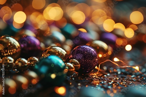 Purple, Gold, and Green Mardi Gras beads and decorations background photo