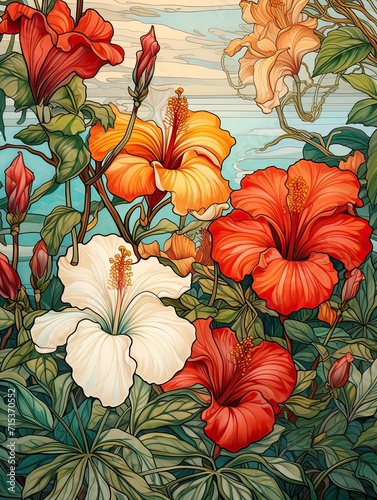 Tropical Beach Art  Island Floral Motifs in Art Nouveau