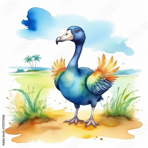 Funny dodo watercolor painting. Colorful extinct bird standing among flowers on tropical island field landscape. Raphus cucullatus cute funny cartoon style ai generated illustration.