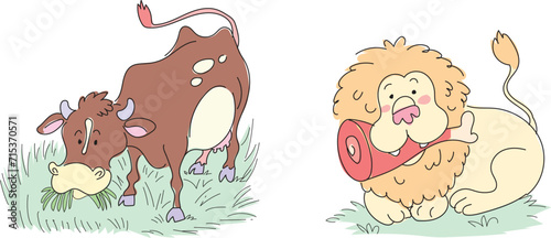 The carnivorous lion and the herbivore cow. The lion eats meat. The cow is eating grass.